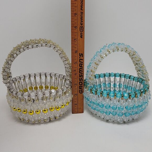 Safety Pins Beaded Handmade Wire Beads Ruffled Small Basket With Handles 2 Pcs - Picture 5 of 11